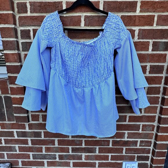 Forever 21+ Smocked Off Shoulder Top Size 2X Blue White Stripe Bell Sleeves - Picture 1 of 9
